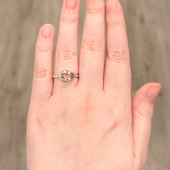 18K Morganite Diamond Ring: 3 Carat Pear Solitaire Peach Bezel Size 7.25 - Picture 9 of 11